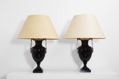Lot 23 - A pair of black glass 'Deco Urn' table lamps by Charles Edwards