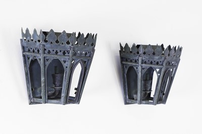 Lot 47 - A pair of small patinated metal Gothic architectural wall lights by Charles Edwards