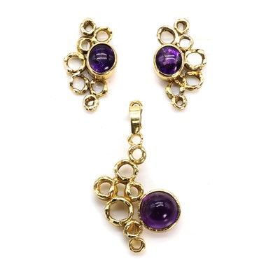 Lot 126 - A pair of 9ct gold amethyst pendant and earring set, by John Donald