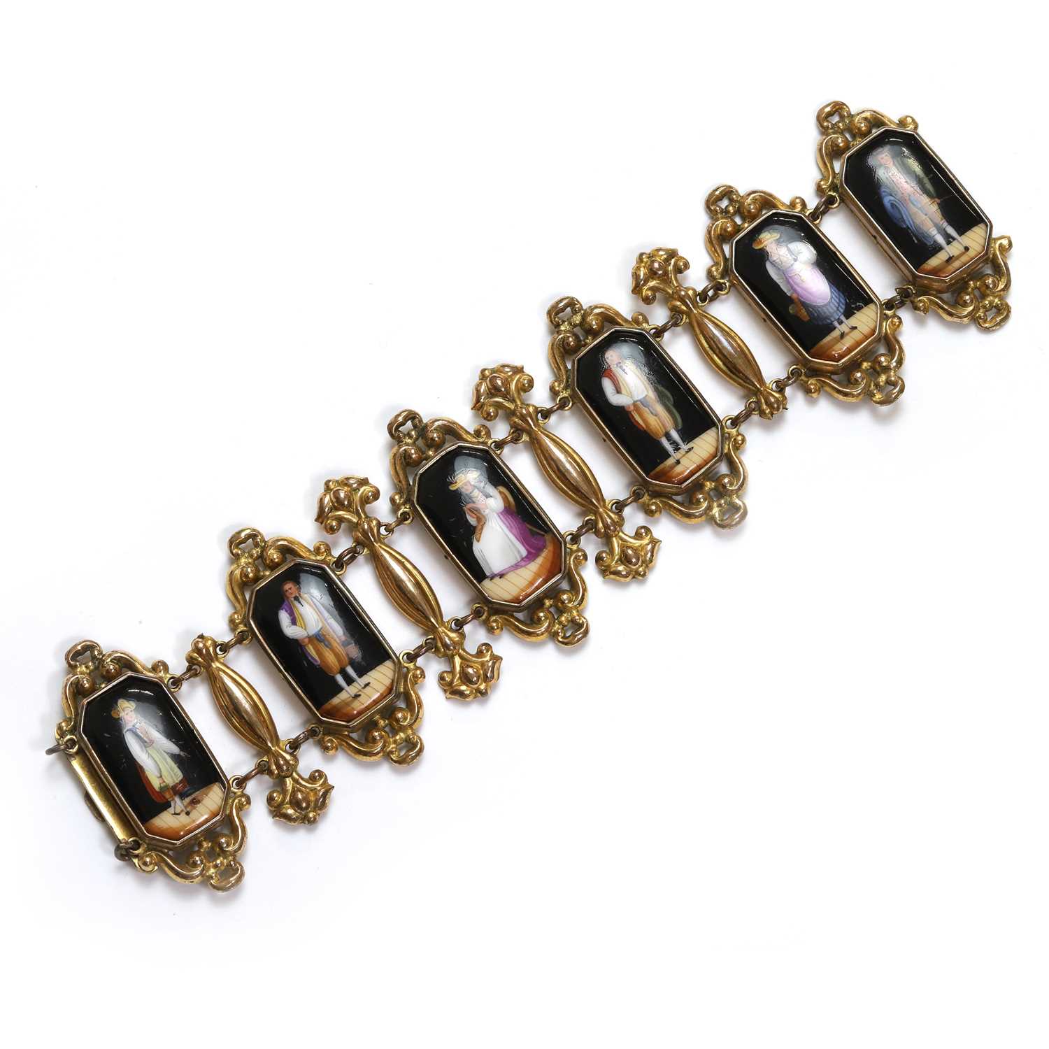 Lot 1 - A gilt metal and porcelain panel bracelet, 19th century