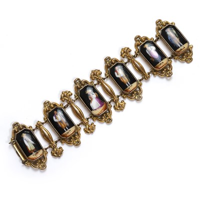 Lot 1 - A gilt metal and porcelain panel bracelet, 19th century