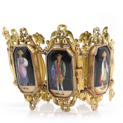 Lot 1 - A gilt metal and porcelain panel bracelet, 19th century