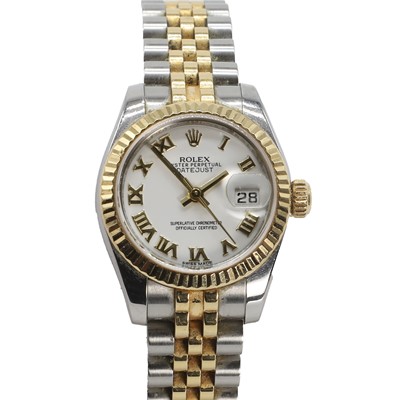 Lot 362 - A ladies' 18ct gold and stainless steel Rolex Datejust automatic bracelet watch