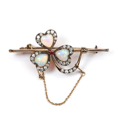Lot 52 - A diamond, opal and ruby shamrock brooch, c.1890