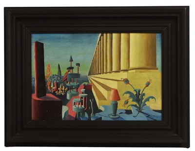 Lot 407 - A painting of a surreal landscape of architecture and cacti