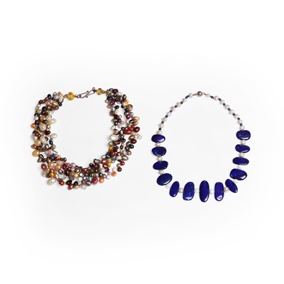 Lot 1215 - A single row lapis lazuli and cultured freshwater pearl necklace and another