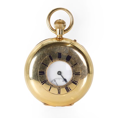 Lot 402 - An 18ct gold top wind half hunter pocket watch