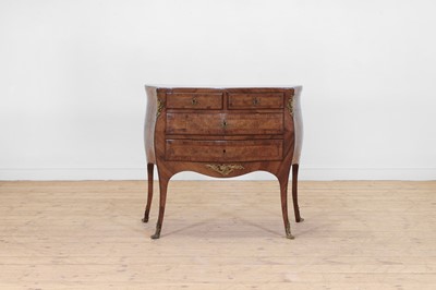 Lot 461 - A small Louis XV-style walnut, rosewood and tulipwood bombé commode
