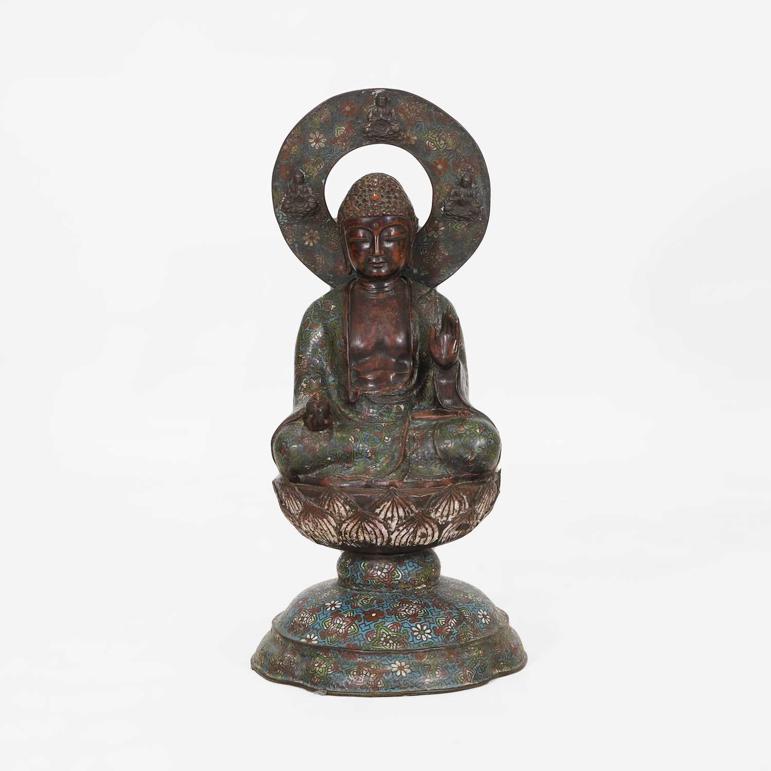 Lot 214 - A bronze and cloisonné enamel Buddha