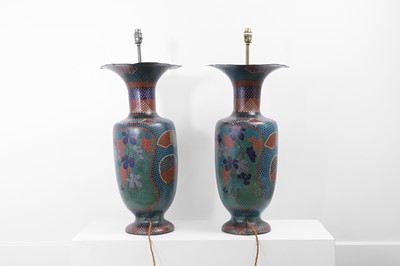 Lot 34 - A pair of polychrome cloisonné enamel lamps