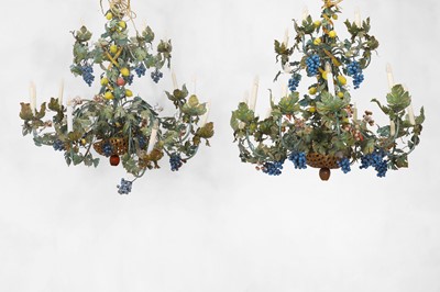 Lot 607 - A pair of painted metal chandeliers