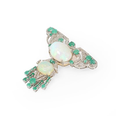 Lot 145 - A silver opal, emerald and diamond brooch