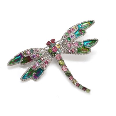 Lot 139 - A silver ruby, tourmaline and diamond dragonfly pendant/brooch