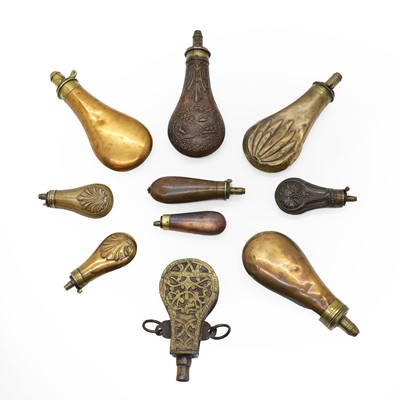 Lot 215 - A collection of leather powder flasks