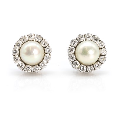 Lot 170 - A pair of 14ct white gold cultured pearl and diamond stud earrings
