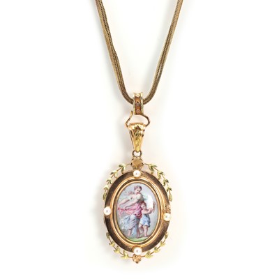 Lot 29 - A French 18ct two-colour gold miniature pendant on chain