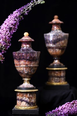 Lot 57 - A pair of George III Derbyshire fluorspar Blue John garniture urns