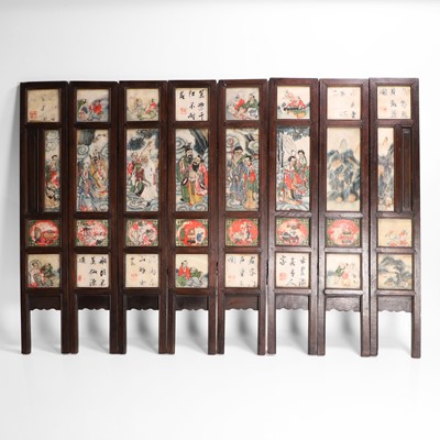 Lot 217 - A carved wood and inset marble eight-fold table screen