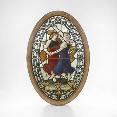 Lot 500 - A Pre-Raphaelite oval stained-glass window panel