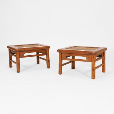 Lot 395 - A pair of elm and wicker-inset stools