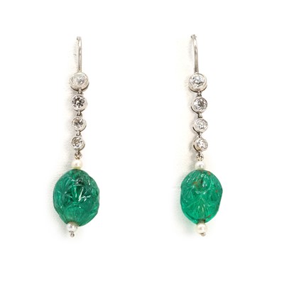 Lot 87 - A pair of carved emerald and diamond drop earrings