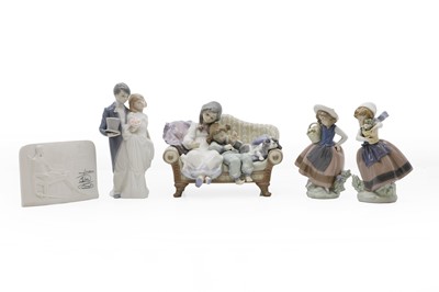 Lot 303 - Four Lladro figures of children, a young married couple and two girls on a sofa