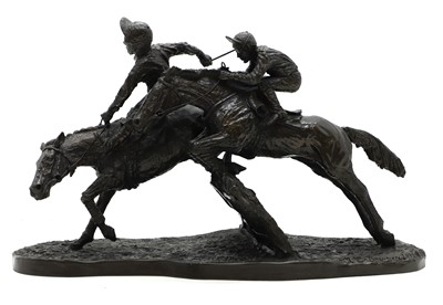 Lot 348 - A bronzed resin group of two horses and jockeys jumping a hurdle