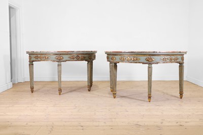 Lot 364 - A pair of neoclassical painted and parcel-gilt wooden console tables