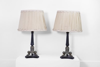 Lot 505 - A pair of Empire-style bronze table lamps