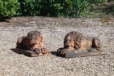 Lot 359 - A pair of terracotta lions