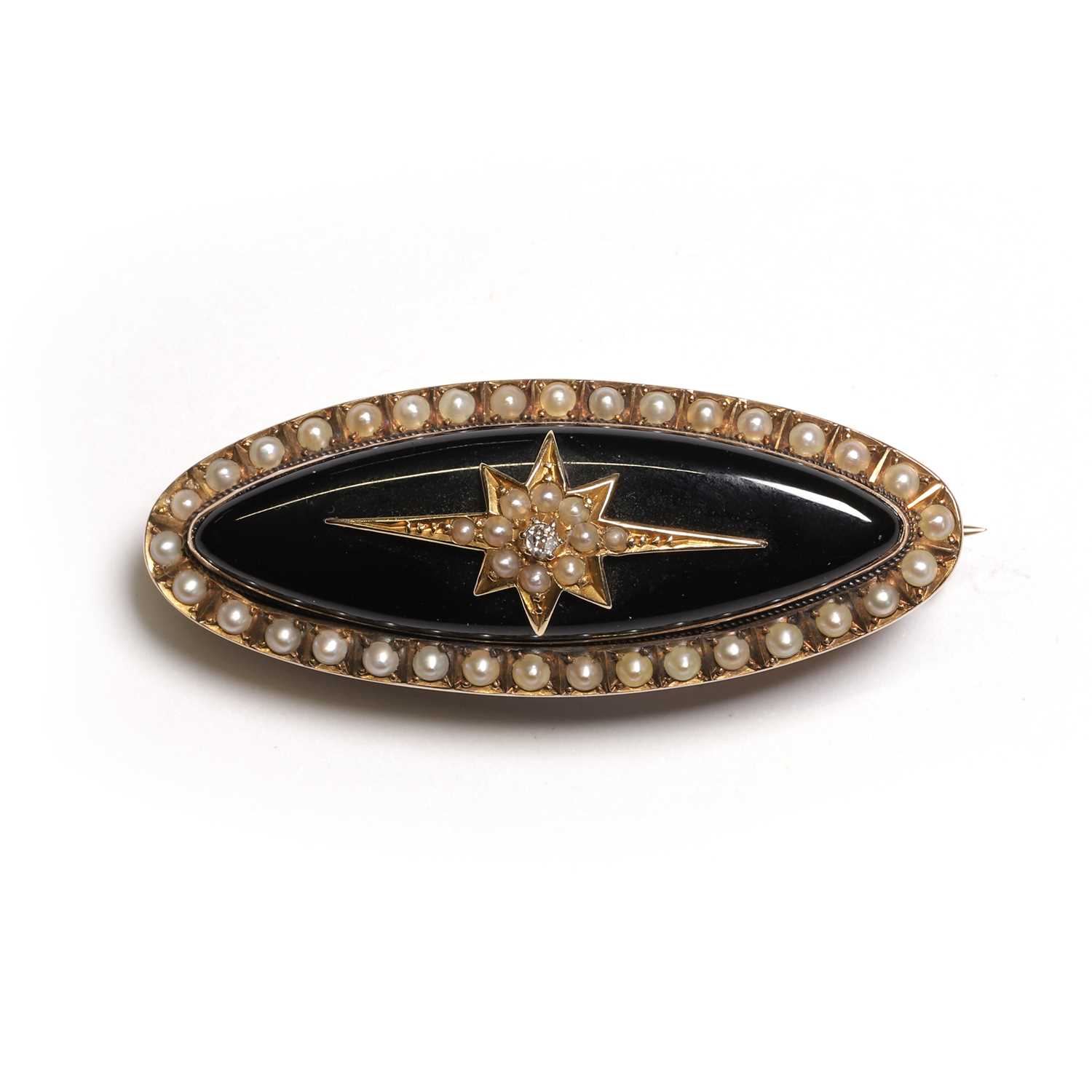 Lot 8 - A Victorian onyx, diamond and split pearl mourning brooch