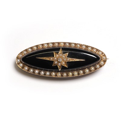Lot 8 - A Victorian onyx, diamond and split pearl mourning brooch