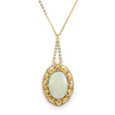 Lot 56 - A bicolour gold opal and diamond pendant necklace