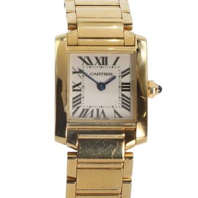 Lot 359 - A ladies' 18ct gold Cartier Tank Francaise quartz bracelet watch