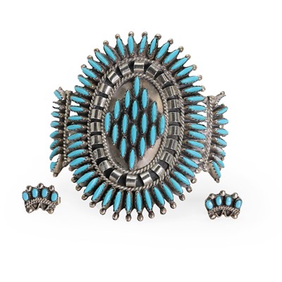 Lot 147 - A Navajo silver and turquoise cuff bangle and a pair of earrings