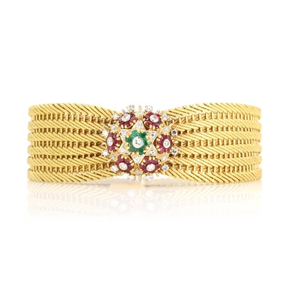 Lot 116 - An 18ct gold ruby, emerald and diamond set bracelet, c.1960