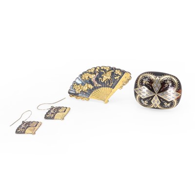 Lot 204 - A Victorian piqué work tortoise shell brooch and a Shakudo brooch and earrings set