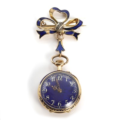 Lot 339 - A 14ct gold enamel and diamond set fob watch, c.1900