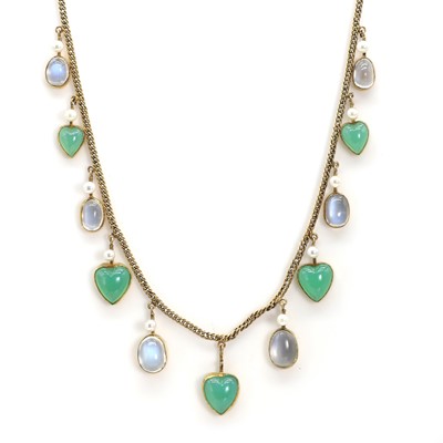 Lot 57 - An Edwardian gold moonstone and chrysoprase fringe necklace