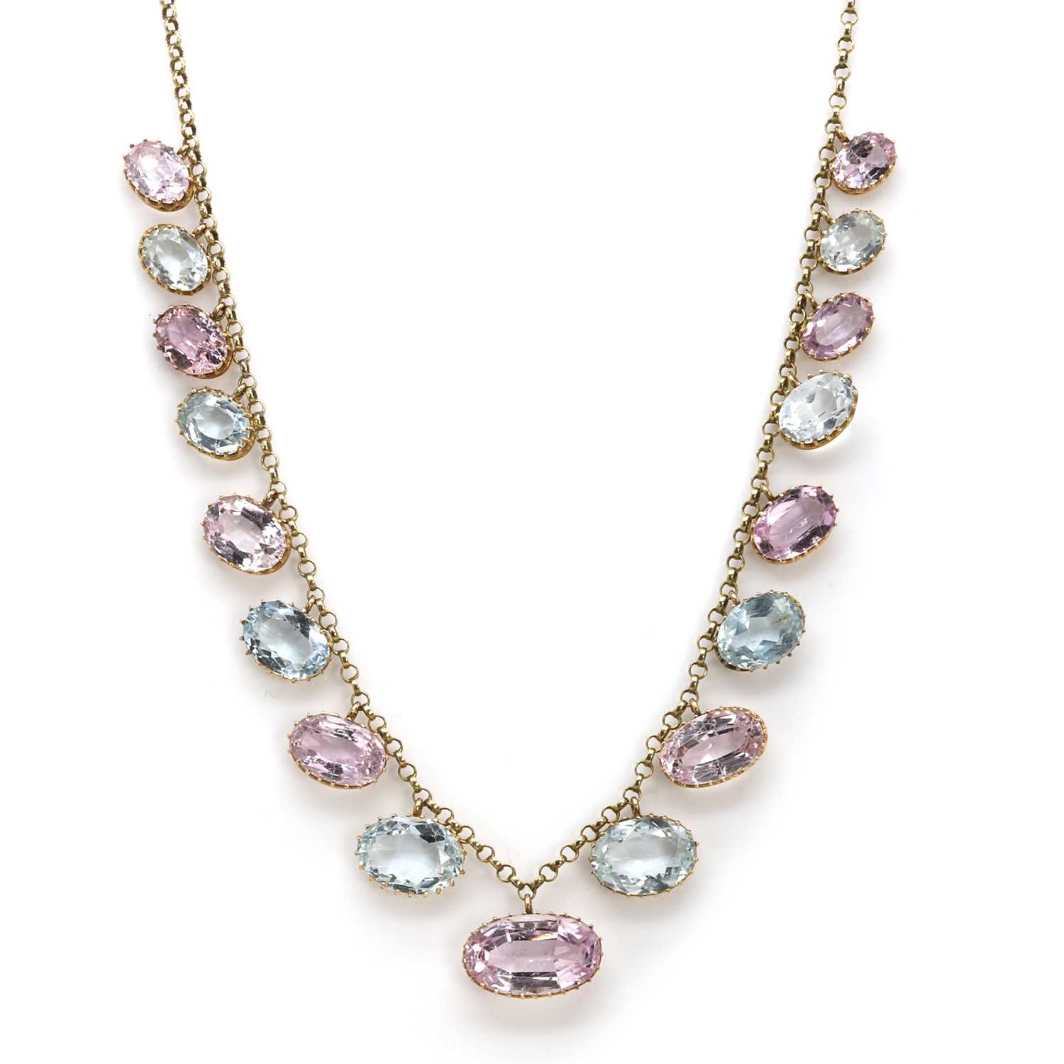 Lot 58 - A pink topaz and aquamarine fringe necklace, c.1900