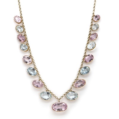 Lot 58 - A pink topaz and aquamarine fringe necklace, c.1900