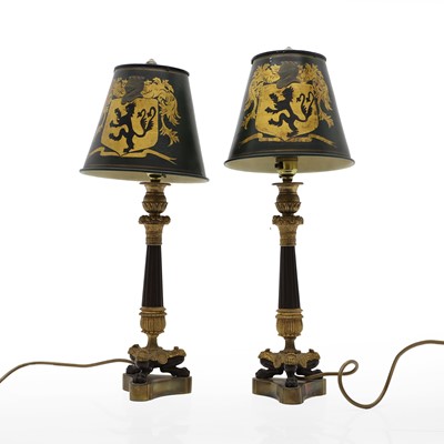 Lot 510 - A pair of gilt bronze and painted toleware table lamps