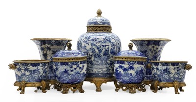 Lot 371 - A collection of modern blue and white and gilt mounted items