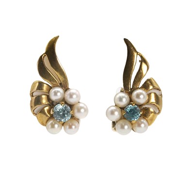 Lot 106 - A pair of blue zircon and pearl clip earrings, c.1950-1960