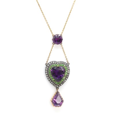 Lot 55 - An amethyst, demantoid garnet and rose cut diamond pendant necklace