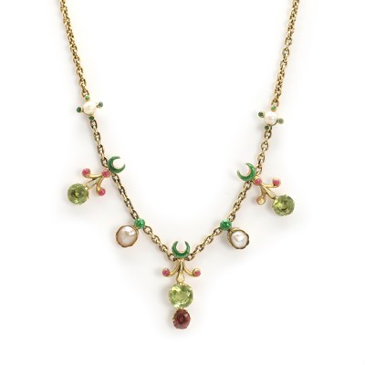 Lot 36 - A gold, pearl and chrysolite fringe necklace, c.1890