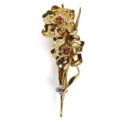 Lot 123 - A ruby and diamond floral spray brooch