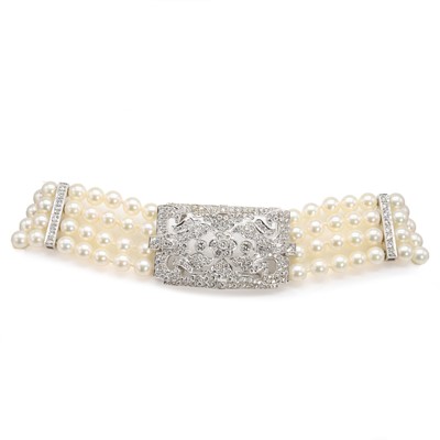 Lot 138 - A cultured pearl and diamond choker with detachable diamond plaque