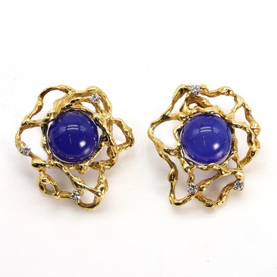 Lot 125 - A pair of 18ct gold diamond and hardstone earrings by Gilbert Albert, c.1970