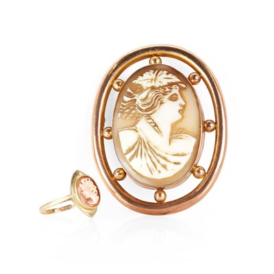 Lot 211 - A shell cameo brooch and a shell cameo ring